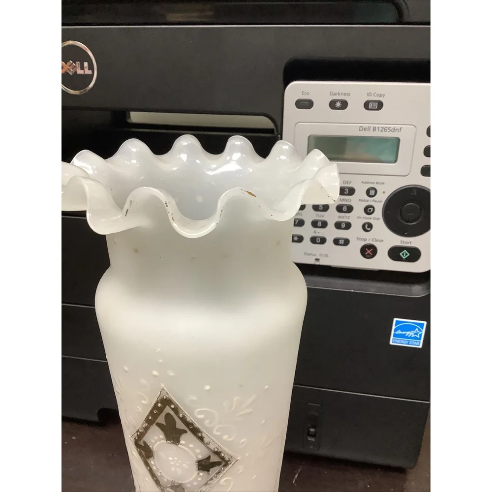 Victorian Hand Blown Frosted Satin Glass Mantel Vase Ruffled Rim Painted 11”